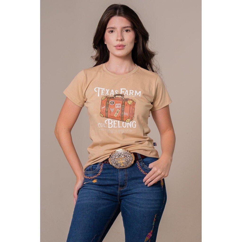 CAMISETA FEMININA TEXAS FARM - TRAVEL - CF370 - BEGE AREIA/ OFF WHITE