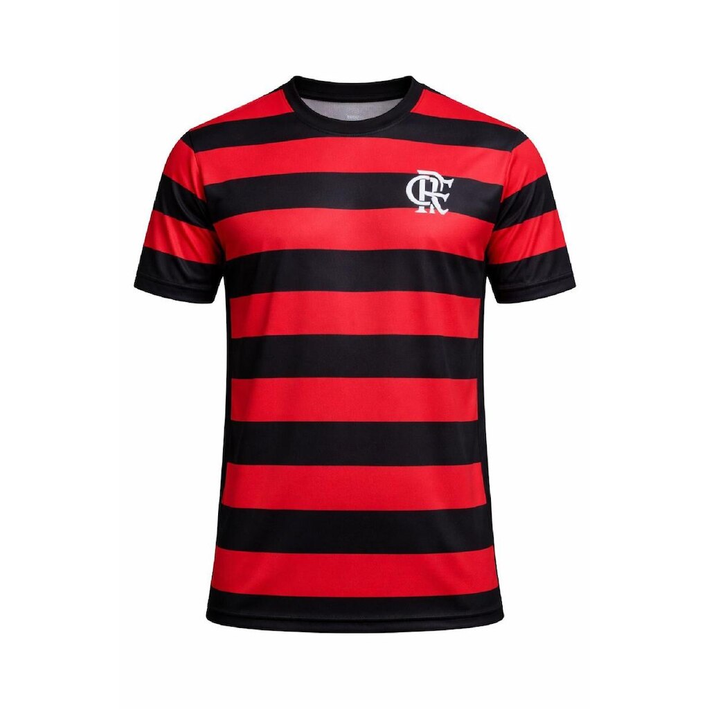 CAMISETA FLAMENGO RUBRO NEGRO LISTRADA ESCUDO BRANCO COIMBRA