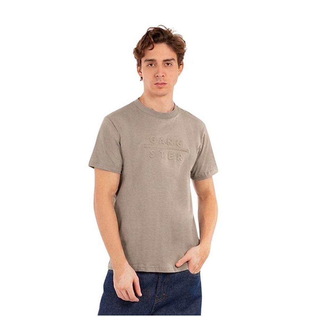 Camiseta Gangster Masculina Bege Logo Alto Relevo Casual