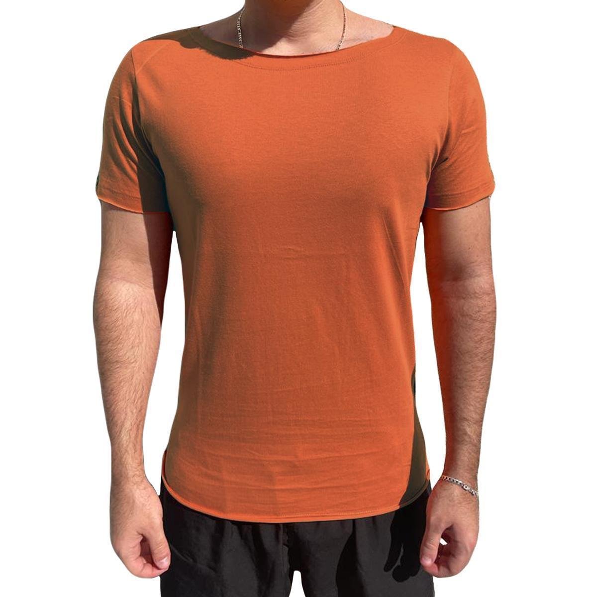 Camiseta Gola Canoa Aberta Abóbora Masculina Slim - Laranja Menor preço em Camiseta Gola Canoa Aberta Abóbora Masculina Slim - Laranja