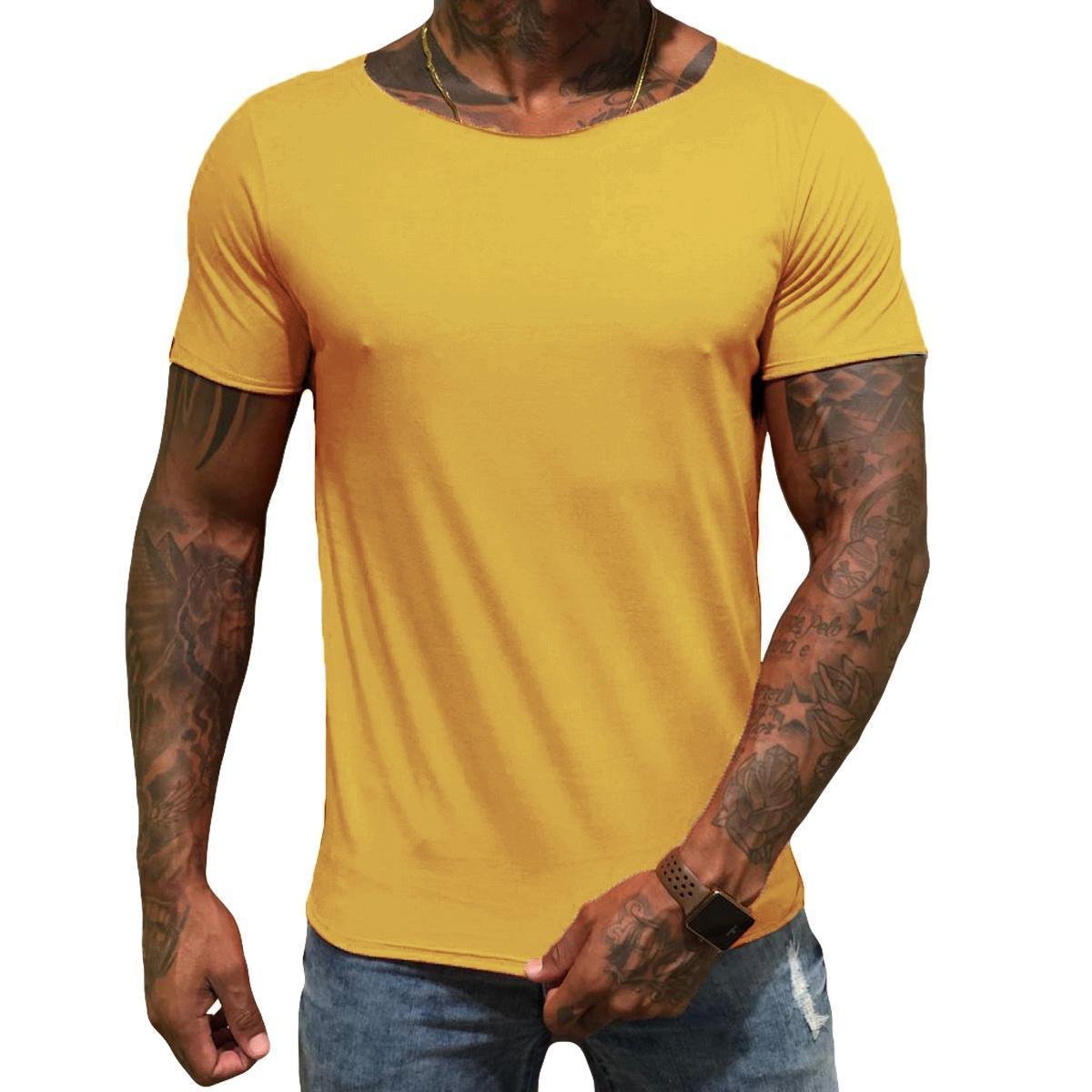Camiseta Gola Canoa Aberta Cor Amarelo Masculina Premium - Amarelo Menor preço em Camiseta Gola Canoa Aberta Cor Amarelo Masculina Premium - Amarelo