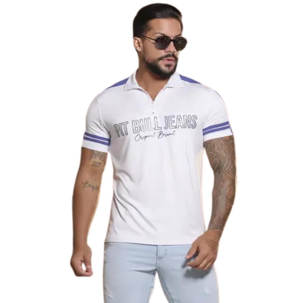 Camiseta Gola Polo Masculina Branca Em Malha Pit Bull 86190