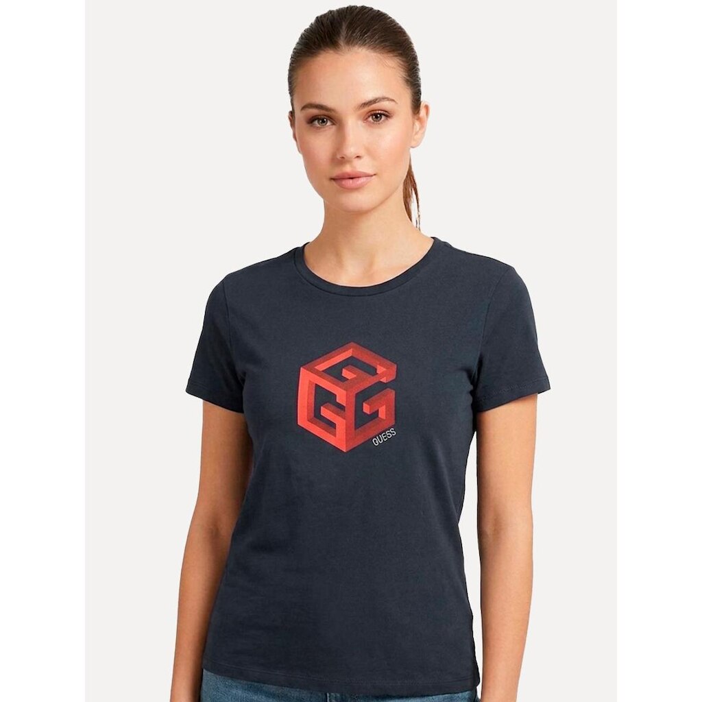 Camiseta Guess Feminina Cube 3D Logo Azul Marinho