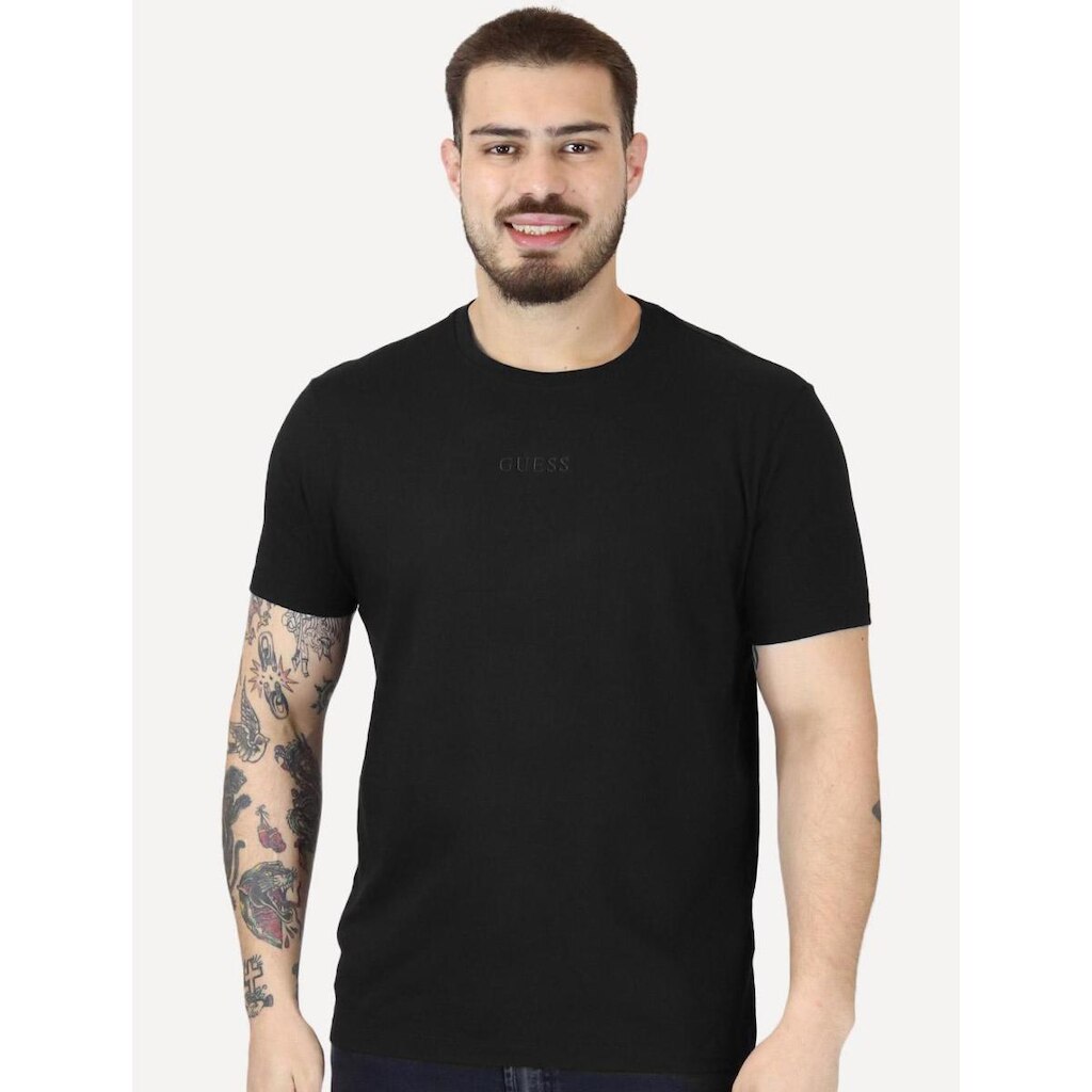 Camiseta Guess Masculina Logo Centro Bordado Preta