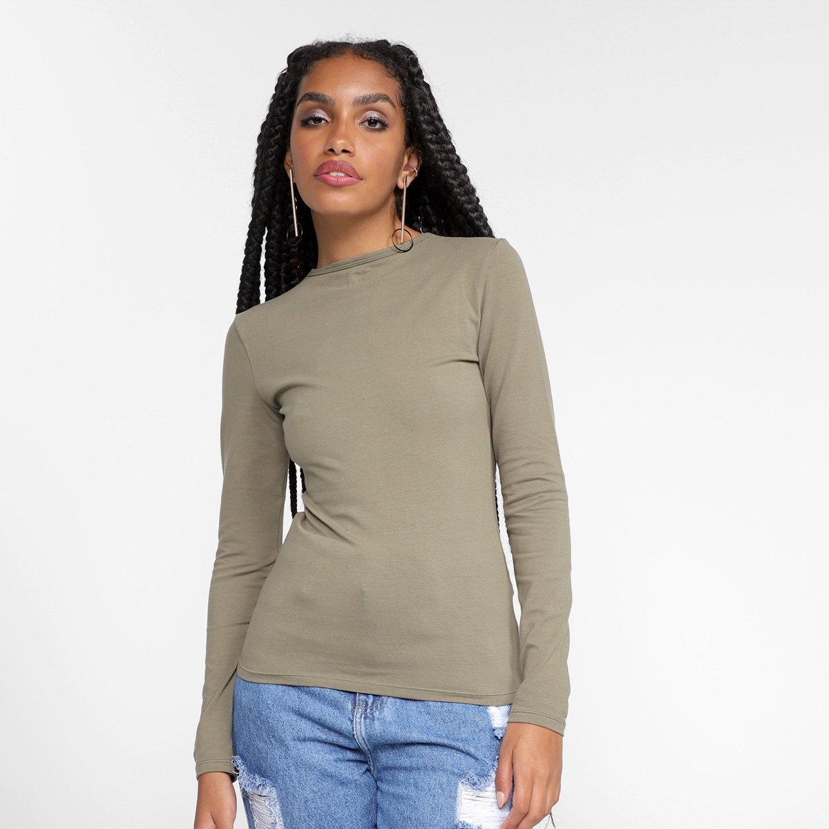 Camiseta Hering Básica Manga Longa Feminina - Verde Menor preço em Camiseta Hering Básica Manga Longa Feminina - Verde