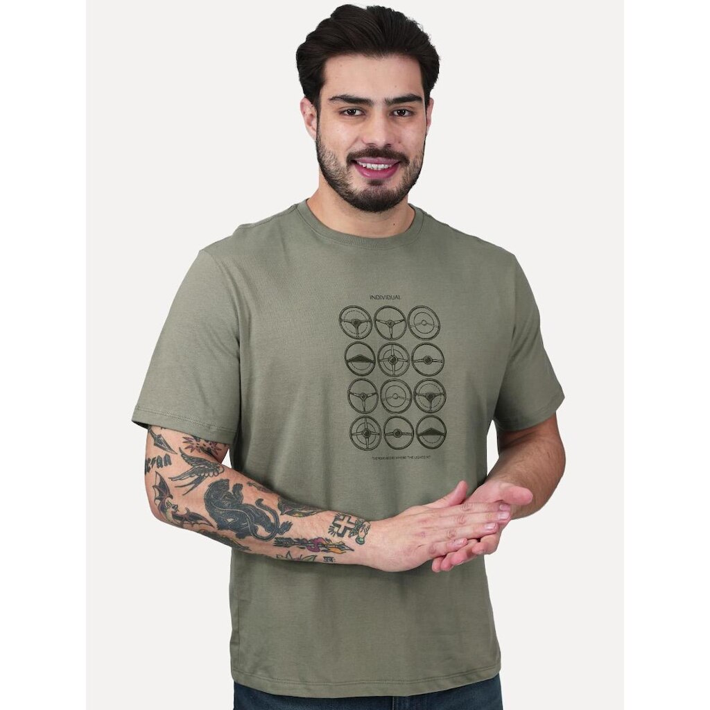 Camiseta Individual Masculina Comfort Estampada Steering Verde Médio