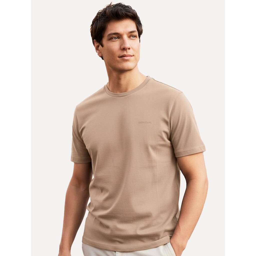 Camiseta Individual Masculina Comfort Relevo Silk Logo Cáqui Médio