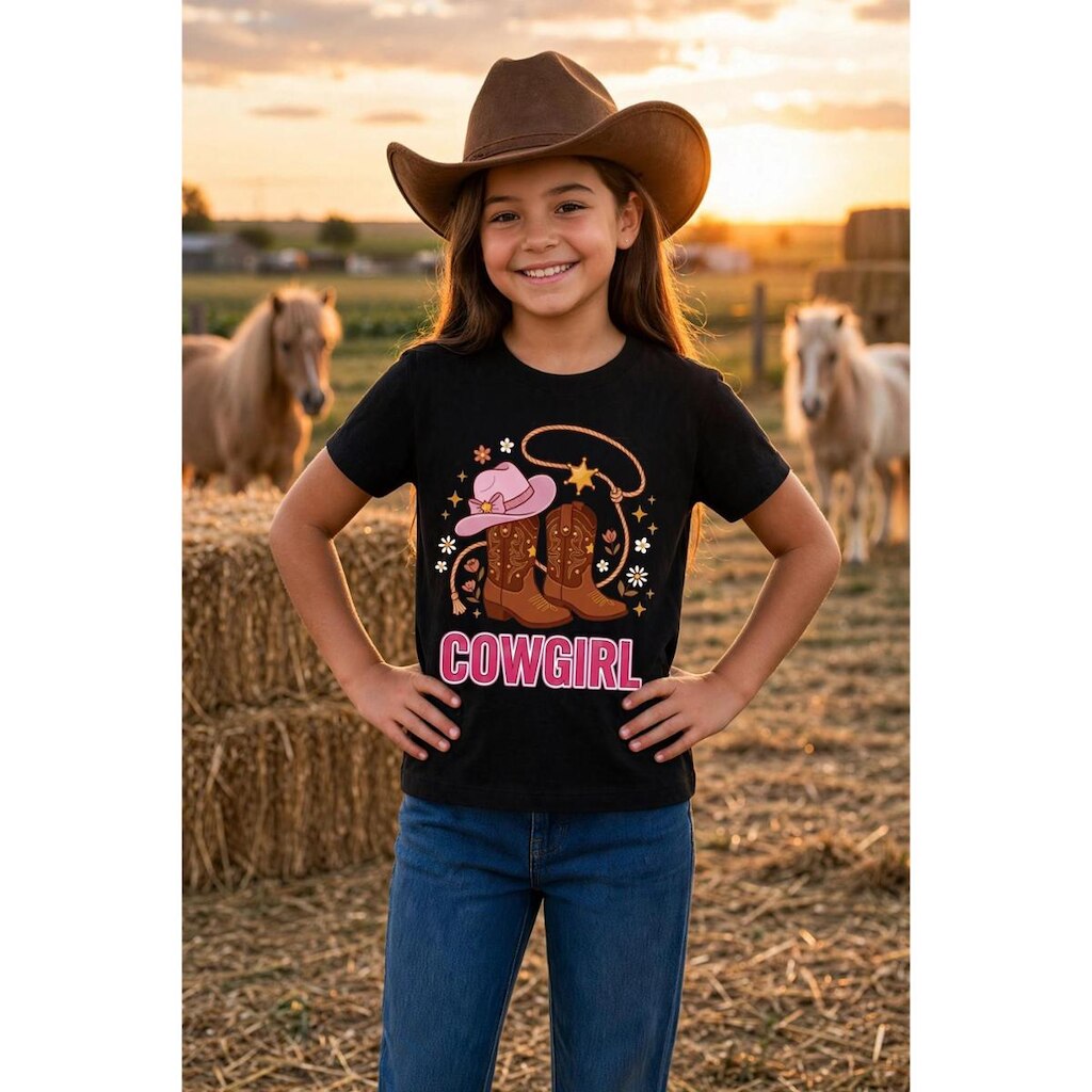Camiseta Infantil Cowgirl 100% Algodão Estampa Country Personalizada