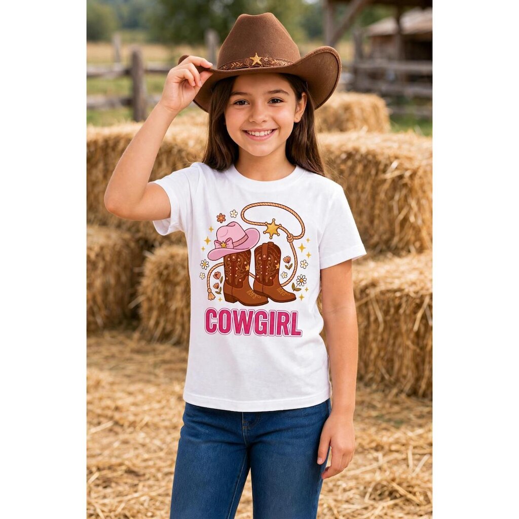 Camiseta Infantil Cowgirl 100% Algodão Estampa Country Personalizada