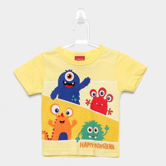 Camiseta Infantil Kyly Monstrinhos Felizes Manga Curta Masculina - Amarelo