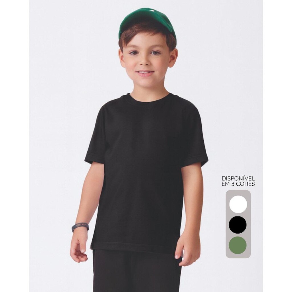 Camiseta infantil meia malha básica verão fresquinha - Branco,Preto e Verde - Masculino 1 a 18 anos
