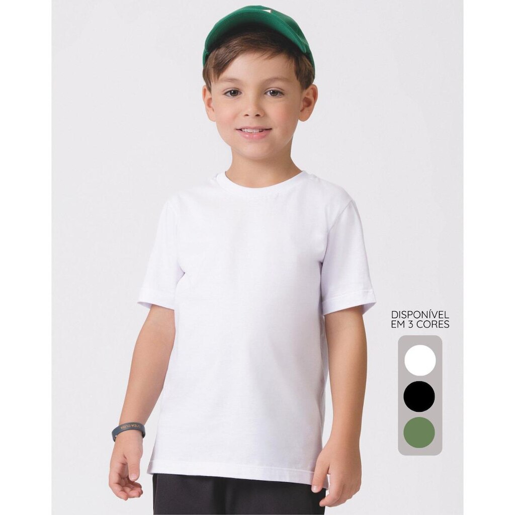 Camiseta infantil meia malha básica verão fresquinha - Branco,Preto e Verde - Masculino 1 a 18 anos