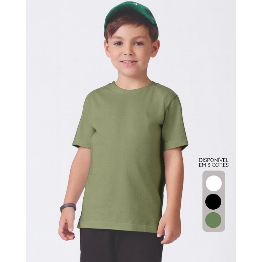 Camiseta infantil meia malha básica verão fresquinha - Branco,Preto e Verde - Masculino 1 a 18 anos