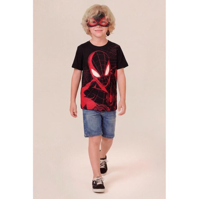 Camiseta infantil menino em meia malha Homem Aranha com máscara Brandili