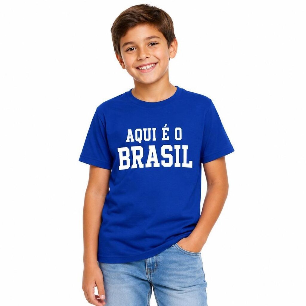 Camiseta Infantil Unissex 100% Algodão Frase Aqui é o Brasil Manga Curta Costuras Reforçadas