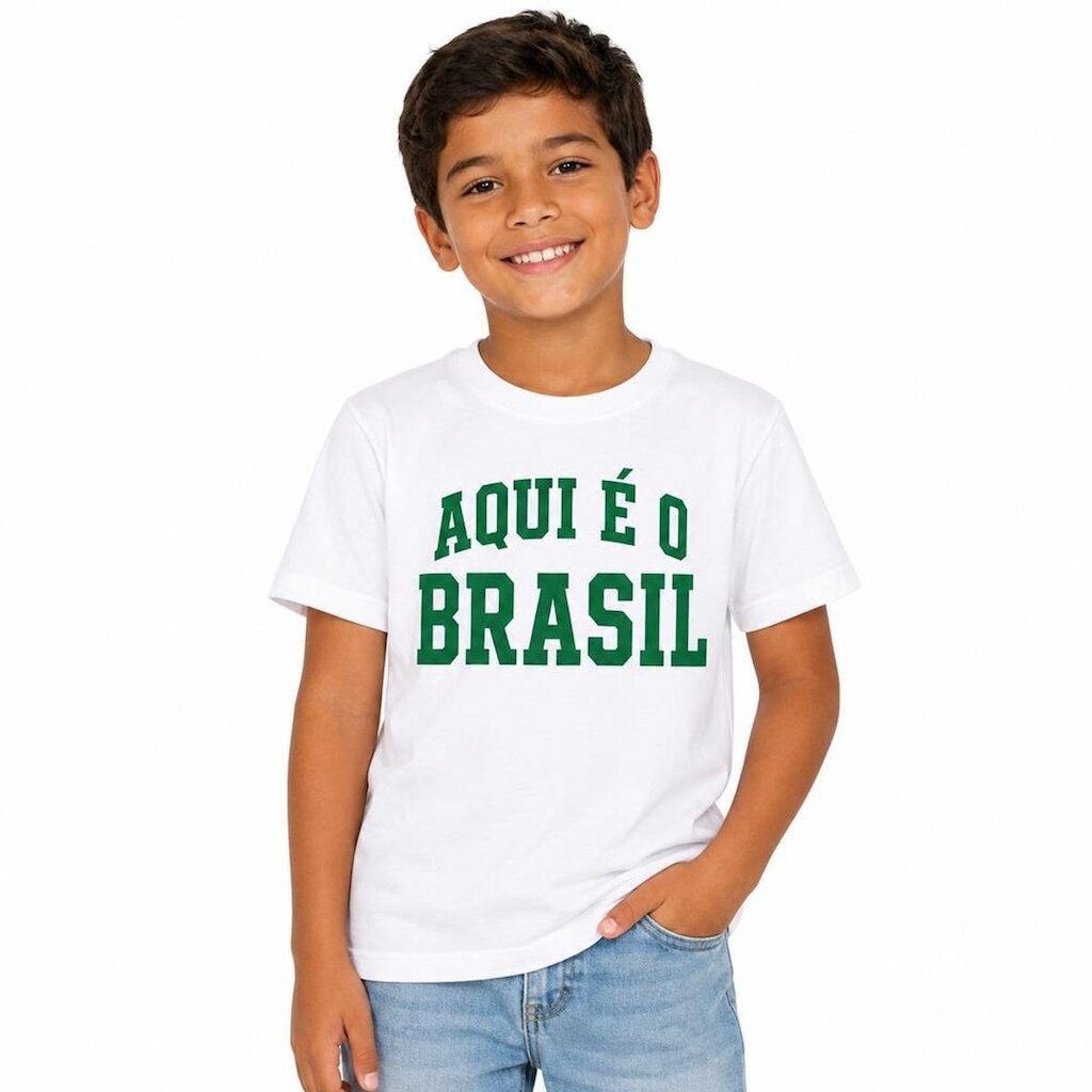 Camiseta Infantil Unissex 100% Algodão Frase Aqui é o Brasil Manga Curta Costuras Reforçadas