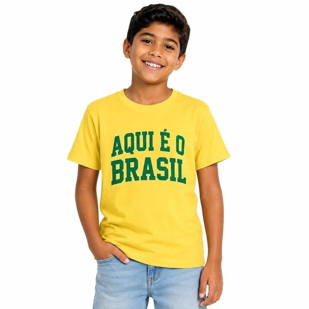 Camiseta Infantil Unissex 100% Algodão Frase Aqui é o Brasil Manga Curta Costuras Reforçadas