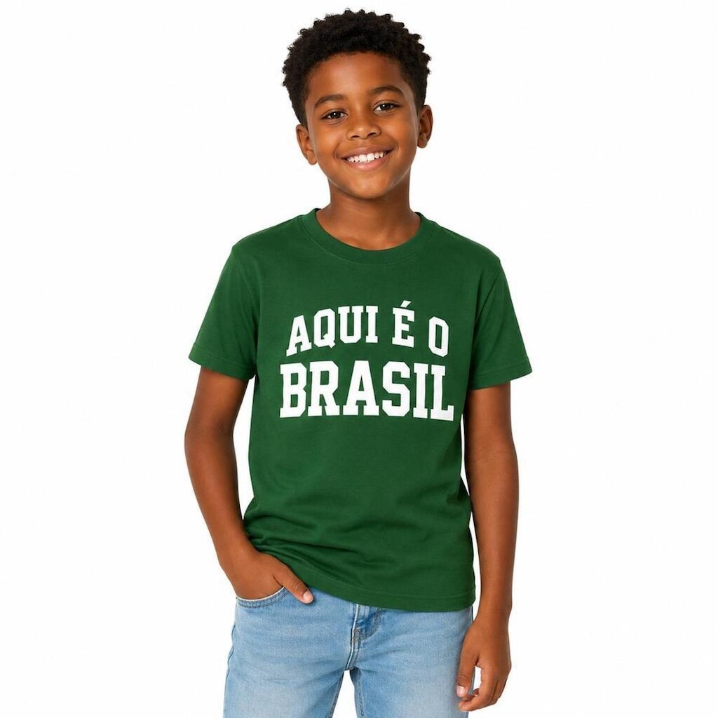 Camiseta Infantil Unissex 100% Algodão Frase Aqui é o Brasil Manga Curta Costuras Reforçadas