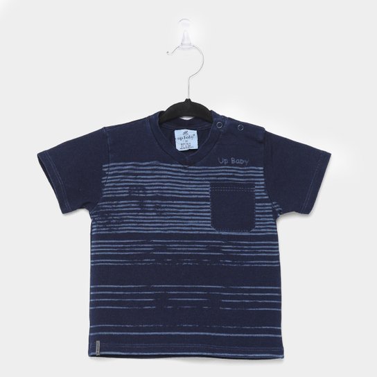 Camiseta Infantil Up Baby Listras Bolso Manga Curta Masculina - Marinho