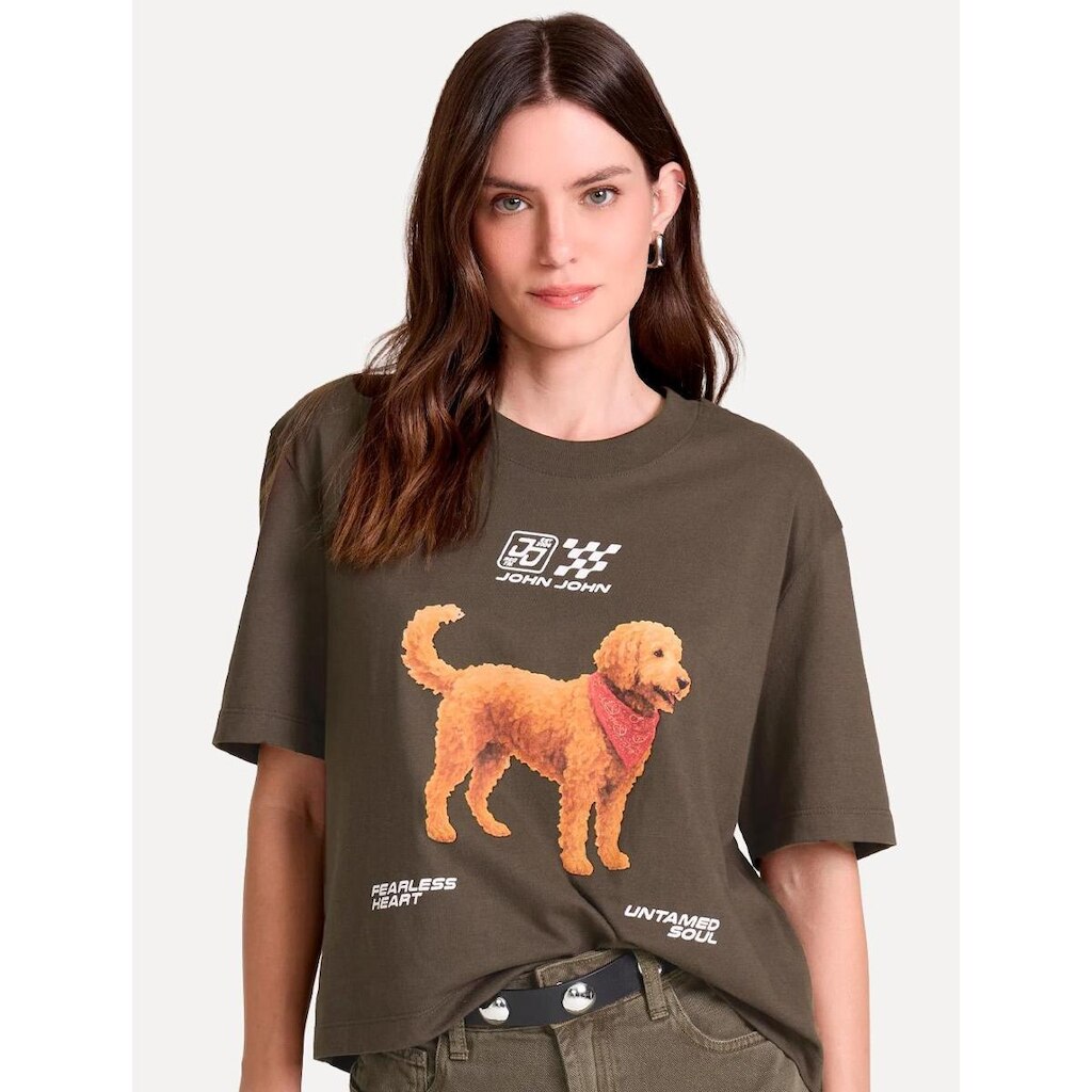 Camiseta John John Feminina Ampla Racing Doodle Marrom