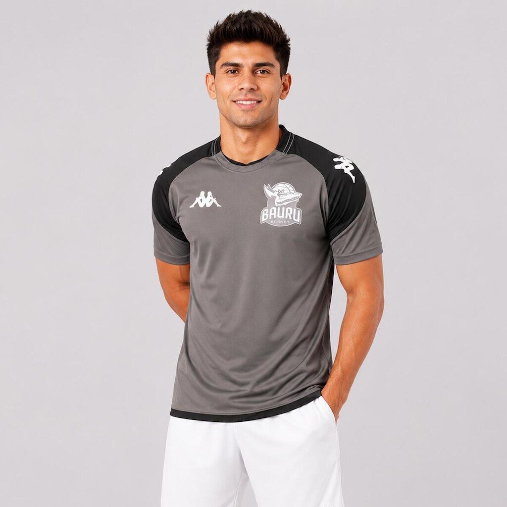 Camiseta Kappa Bauru Aquecimento 2026 Basquete Cinza e Preta
