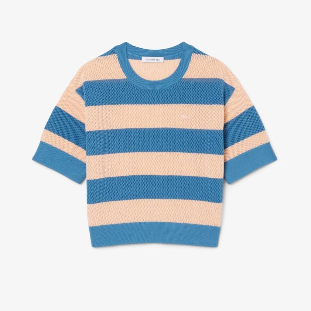 Camiseta Lacoste De Malha Em Mesh Listrada