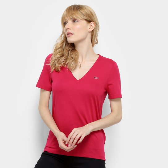 Camiseta Lacoste Gola V Feminina - Vinho