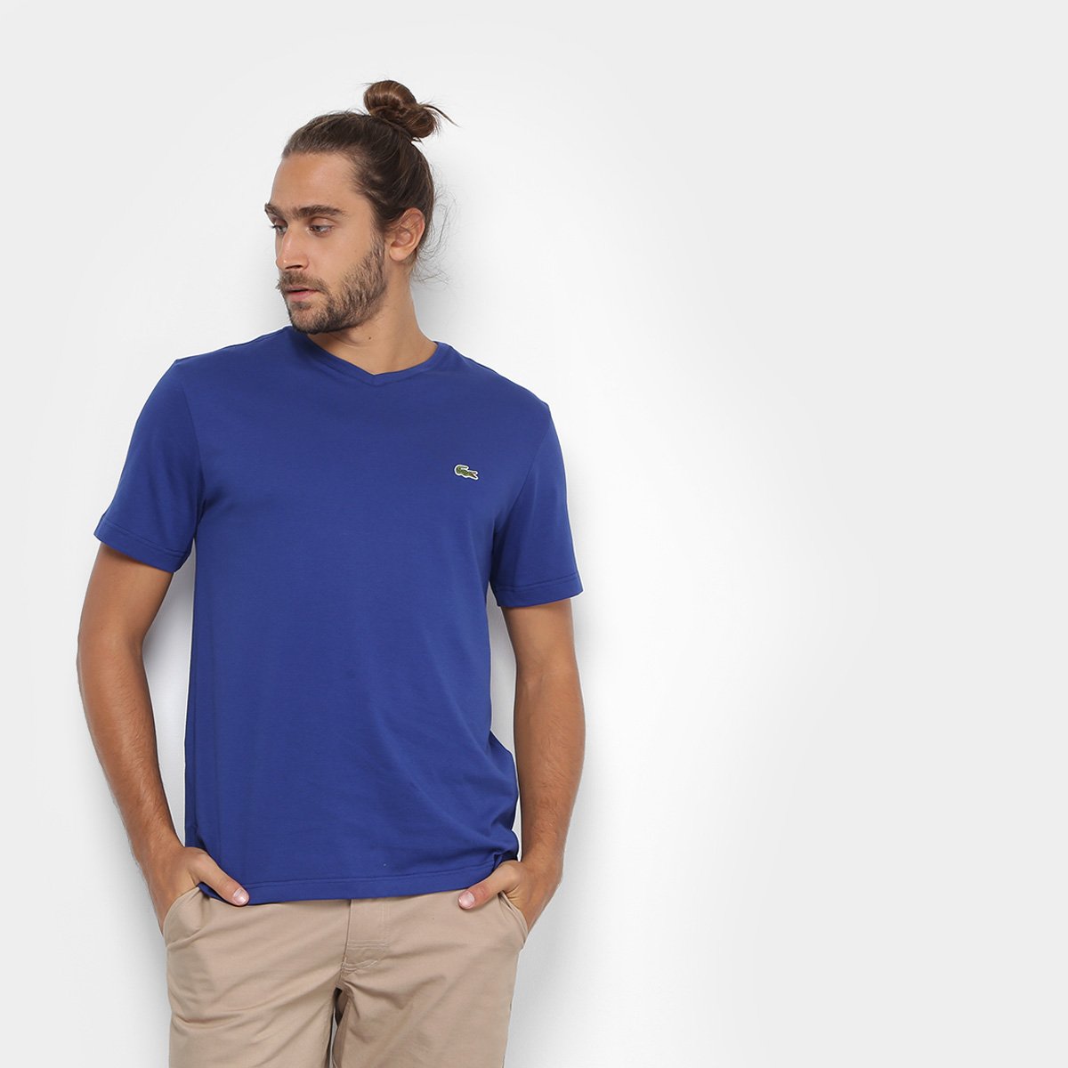 Camiseta Lacoste Gola V Masculina - Azul Menor preço em Camiseta Lacoste Gola V Masculina - Azul