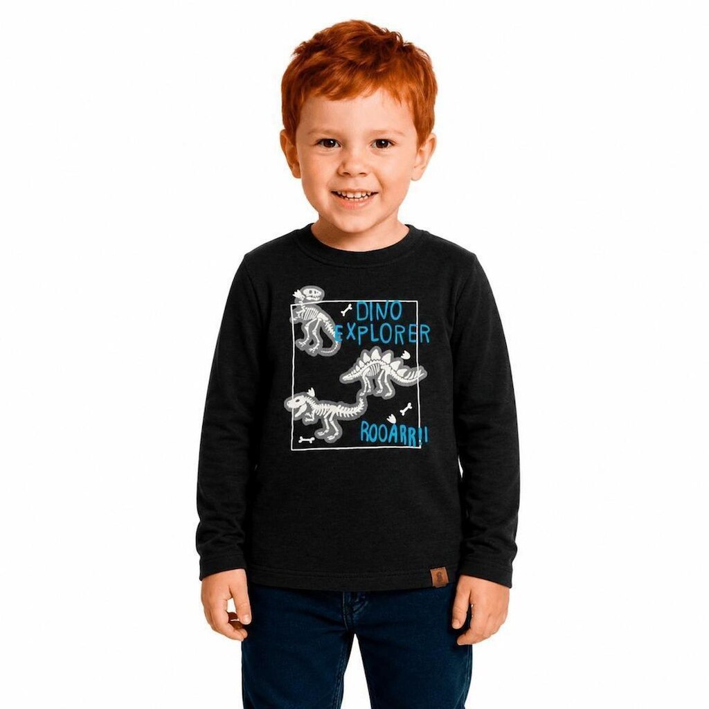 Camiseta Longa Infantil Menino Dino Explorer Alphabeto Preto