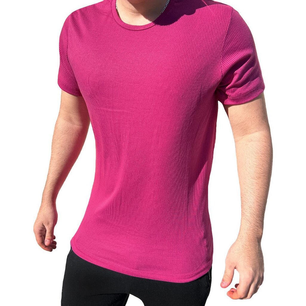 Camiseta Malha Canelada Slim Fit Manga Curta Masculina