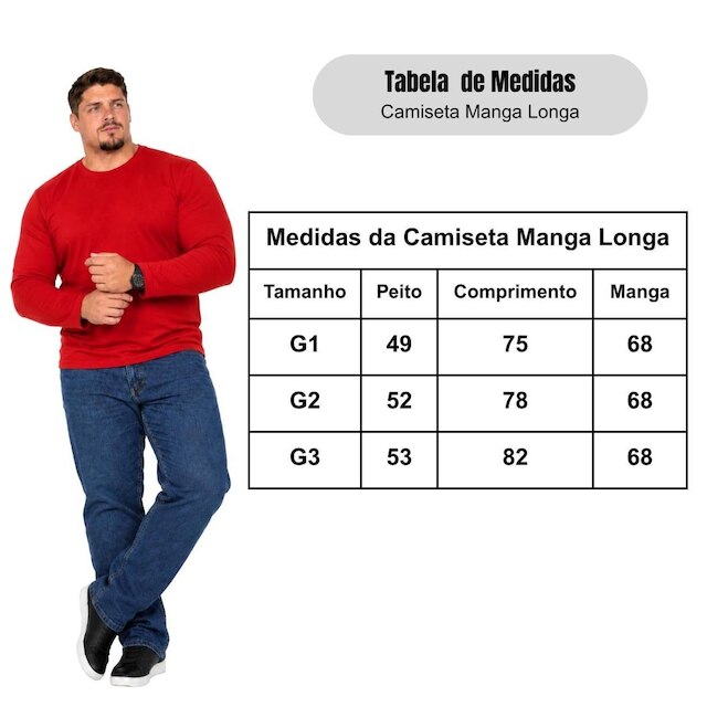 Camiseta Manga Longa Lisa Plus Size 100% Poliéster Masculina