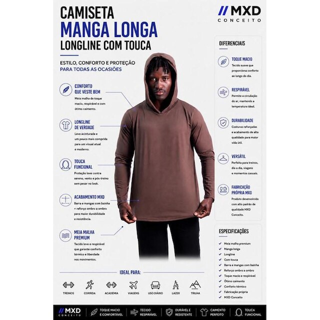 Camiseta Manga Longa Longline Com Touca MXD Conceito o Estilo Do Iverno