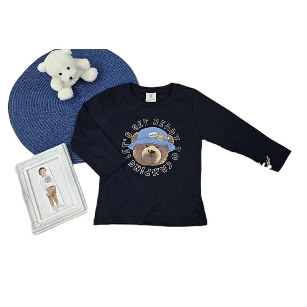 Camiseta Manga Longa Menino Urso Algodão