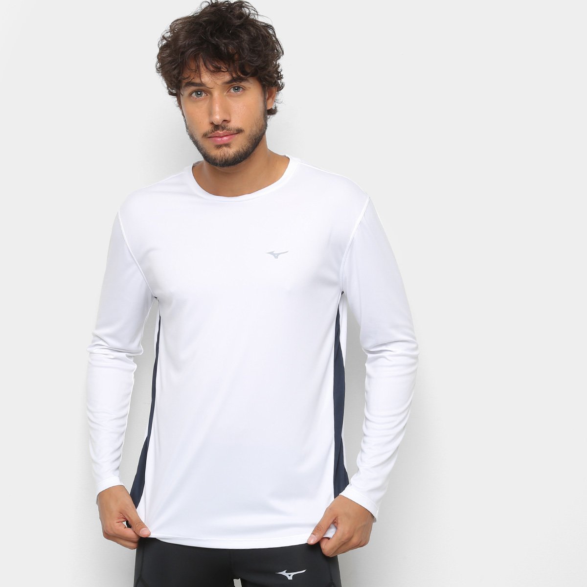 Camiseta Manga Longa Mizuno Wave Run-2 Masculina - Branco+Cinza Menor preço em Camiseta Manga Longa Mizuno Wave Run-2 Masculina - Branco+Cinza