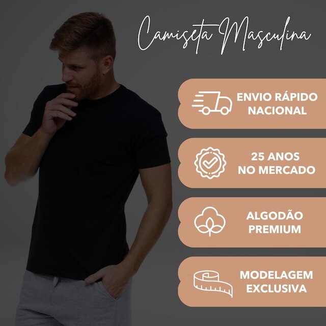 Camiseta Masculina Algodão - Básica Lisa