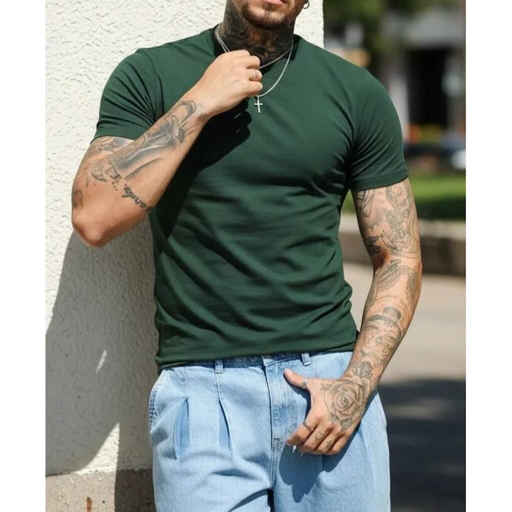 Camiseta Masculina Algodão Egípcio Verde Manga Slim Premium