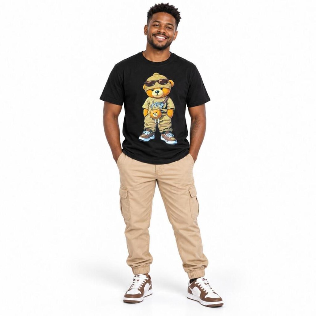 Camiseta Masculina Algodão Estampa Ursinho Descolado Manga Curta Gola Careca Moderna Dia a Dia
