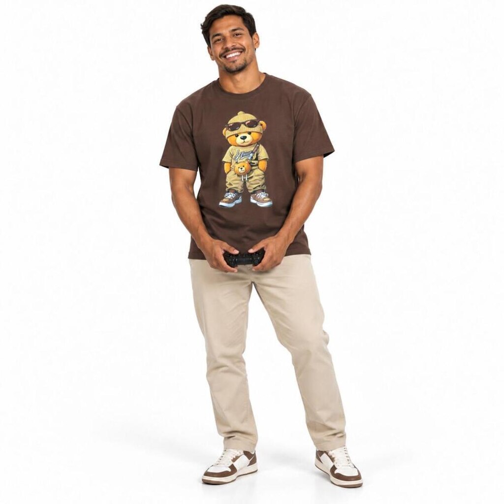 Camiseta Masculina Algodão Estampa Ursinho Descolado Manga Curta Gola Careca Moderna Dia a Dia