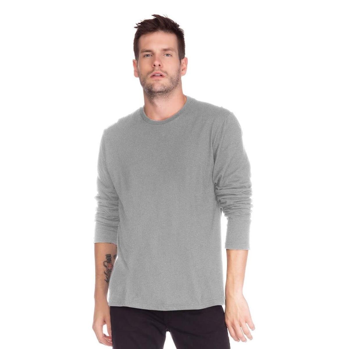 Camiseta Masculina Básica Manga Longa Comfort Cinza Menor preço em Camiseta Masculina Básica Manga Longa Comfort Cinza