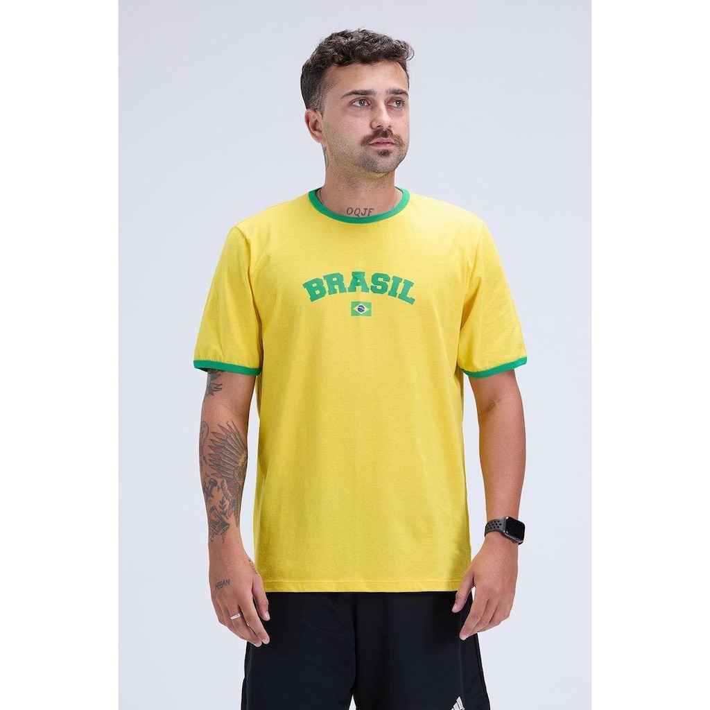 Camiseta Masculina Brasil Copa 100% Algodão Amarela