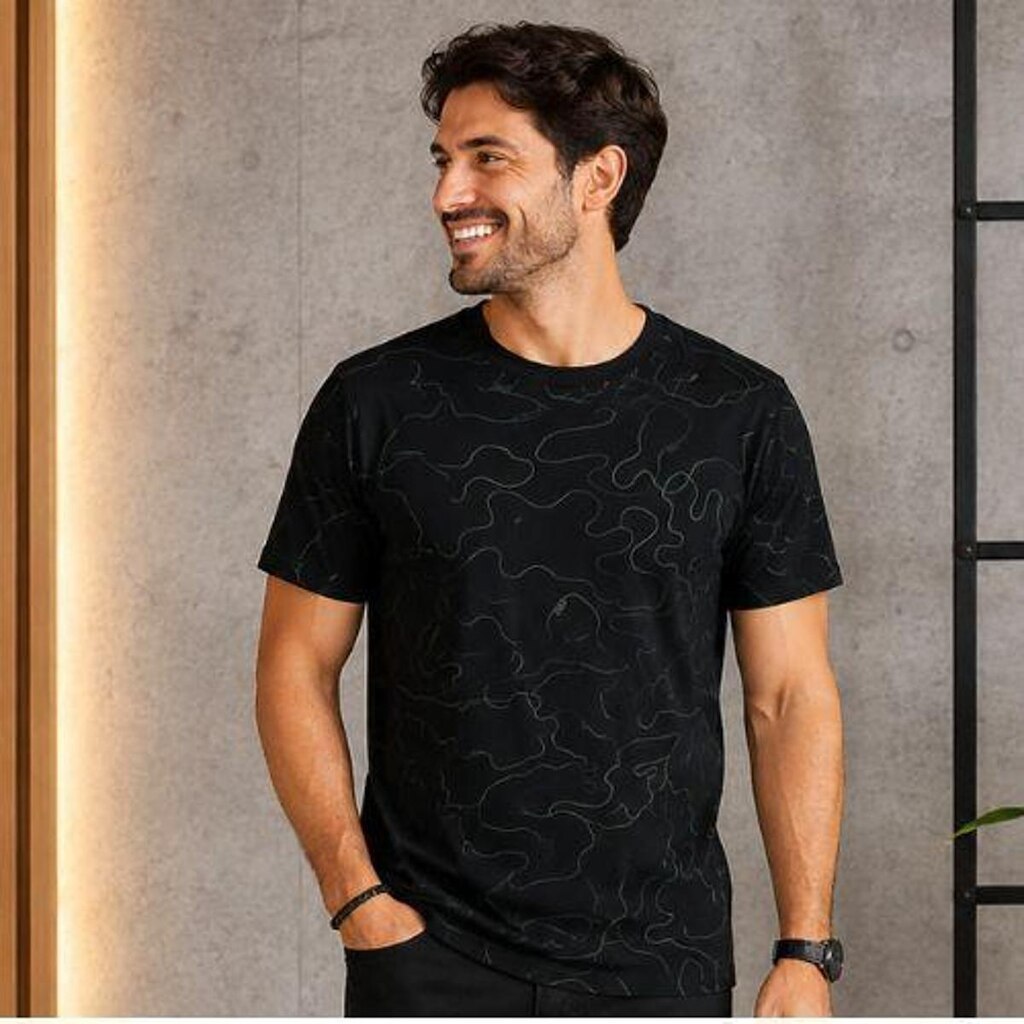 Camiseta Masculina em Meia Malha Manga Curta Gola Careca Habana
