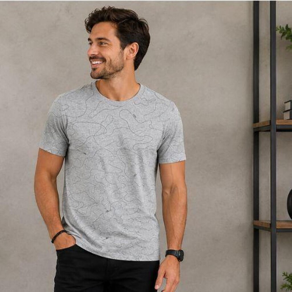 Camiseta Masculina em Meia Malha Manga Curta Gola Careca Habana