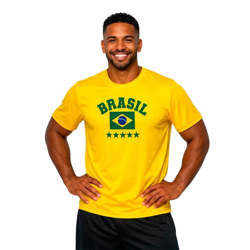 Camiseta Masculina Estampa Brasil Manga Curta Torcida Copa Jogos Casual Leve 100% Poliéster