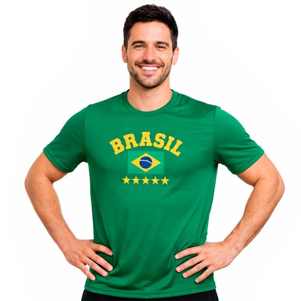 Camiseta Masculina Estampa Brasil Manga Curta Torcida Copa Jogos Casual Leve 100% Poliéster