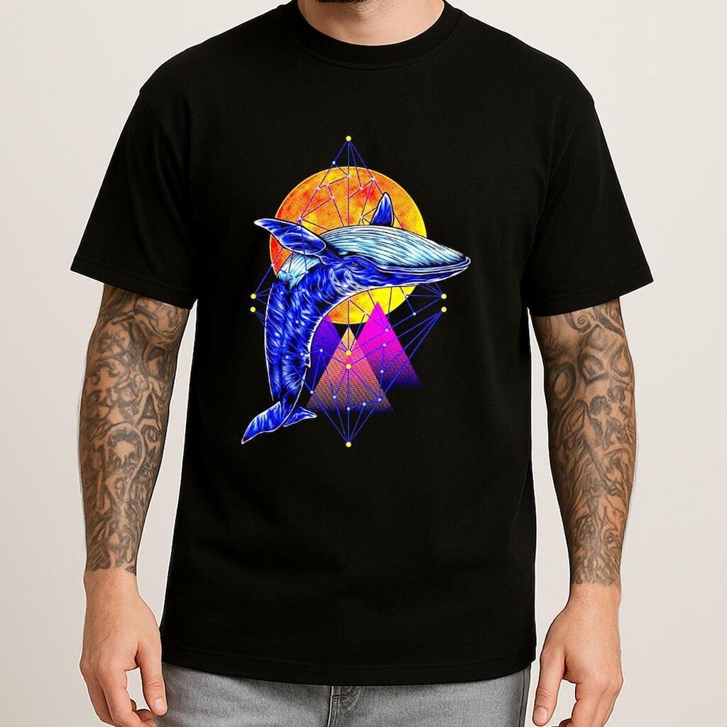 Camiseta Masculina Estampada Baleia Psicodélica Camisa Algodão Gola Redonda Confortável Casual