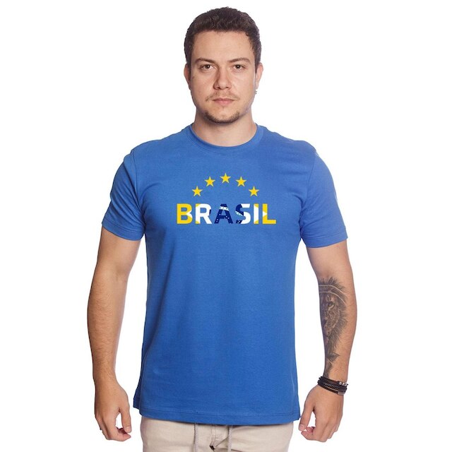 camiseta masculina futebol de algodão Azul