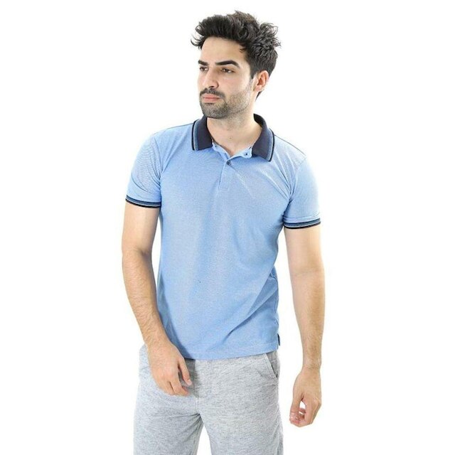 Camiseta Masculina Gola Polo Azul Celeste Piquet Básico