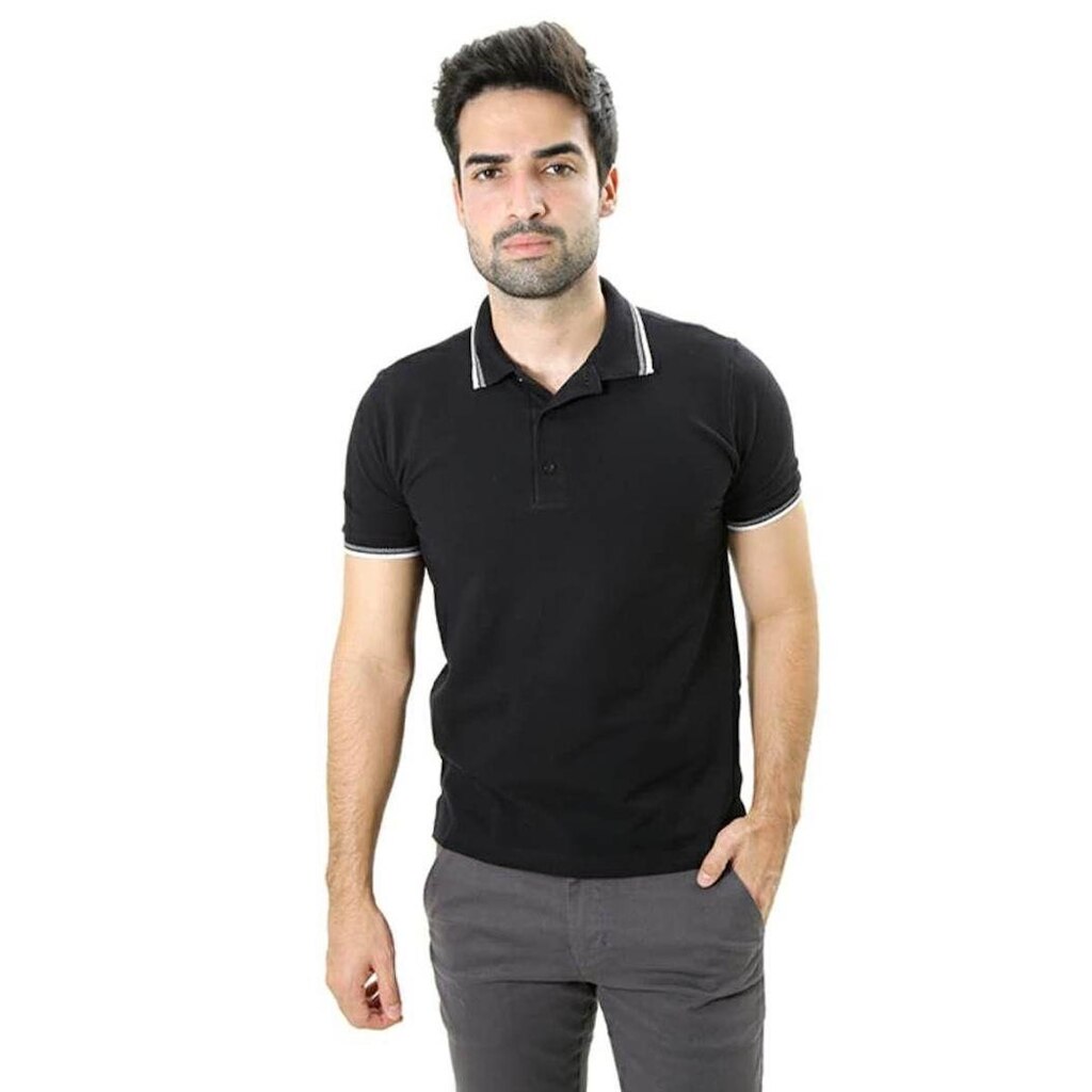 Camiseta Masculina Gola Polo Ixória Preta Piquet Gold Detalhe Gola