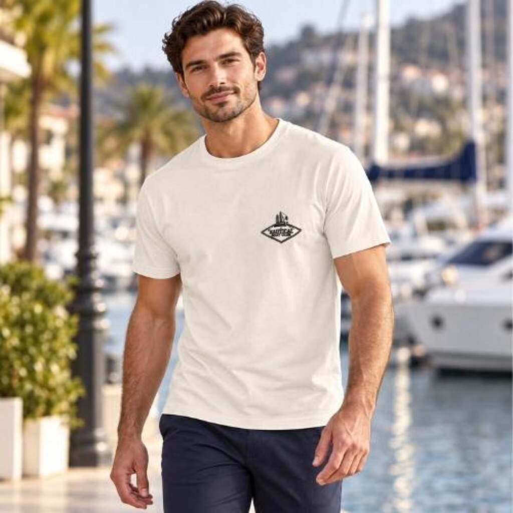 Camiseta Masculina Hering Regular Bege Bordado Náutico