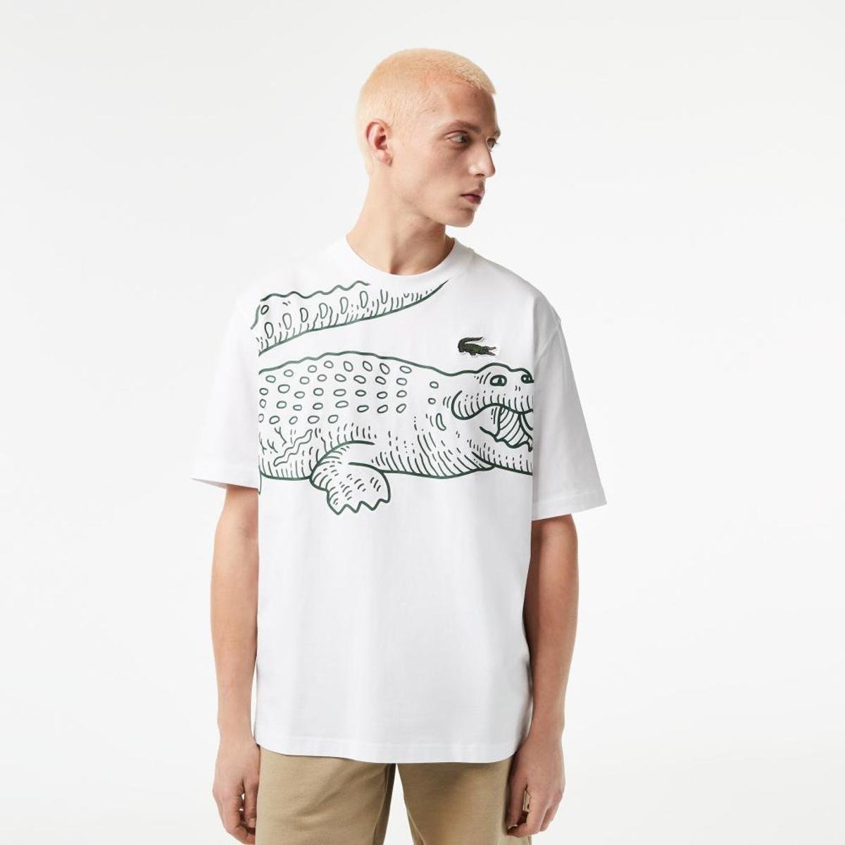 Camiseta Masculina Lacoste Com Decote Redondo, Modelagem Solta E Estampa De Crocodilo
